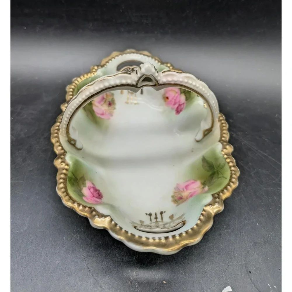 Antique Schwarzburg German Porcelain Rose Basket Divided‎ Candy Dish Gold Gilt